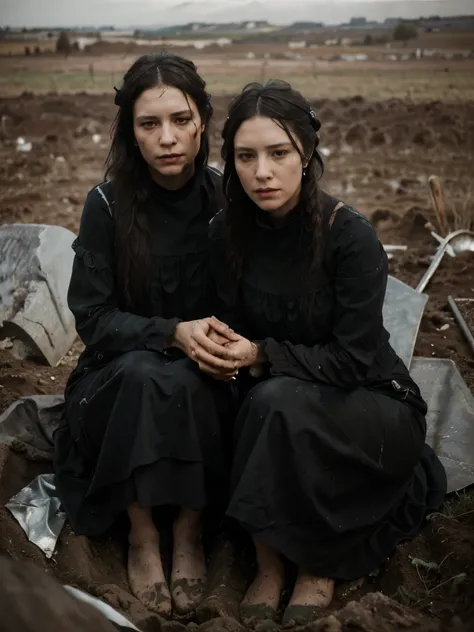 ((Jeremy Lipking style)) ((Nicola Samori style)) two women buried in the ground, two very ugly sad women, ((long black dress)), front, sky, field)), hair up, (oil on linen ), (photo from nikon d800, 50mm
lens), focus, ((two women with their legs buried in ...