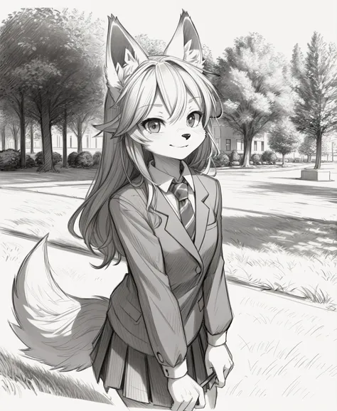 black night,ultra detailed(sketch:1.2),graphite,(monocolour:1.3), solo,on grass, 
furry fox girl,animal ear,school uniform,park,...