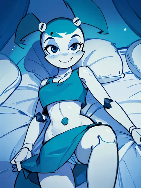 High quality portrait of Jenny Wakeman, on bed. Day time. Smirk. Bedroom eyes. Robot body, robot joints. Blue bolt on belly button, blue mini skirt, under boob