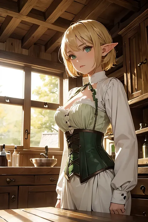 (1Girl, Elf, Short blonde hair, beautiful, medieval green clothes, corset, green eyes), (in a wooden house)
