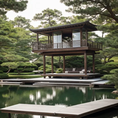 a floating zen pavilion, where modern minimalism meets serene waters. Supported by stilts, the pavilion seemingly hovers above a reflective pond. Clean lines, a curated rock garden, and carefully placed bonsai trees create a space of tranquil simplicity.