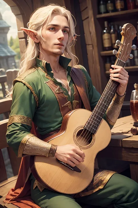 A elf bard(male), play a lute, sing a song, dance on a table, in a tavern