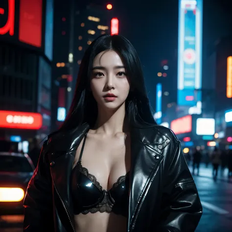 a woman, black hair, long hair, Korean, shiny lingerie, cyberpunk, futuristic city, masterpiece, best quality, blade runners style, cyberpunk city.realistic, 4D cinema 