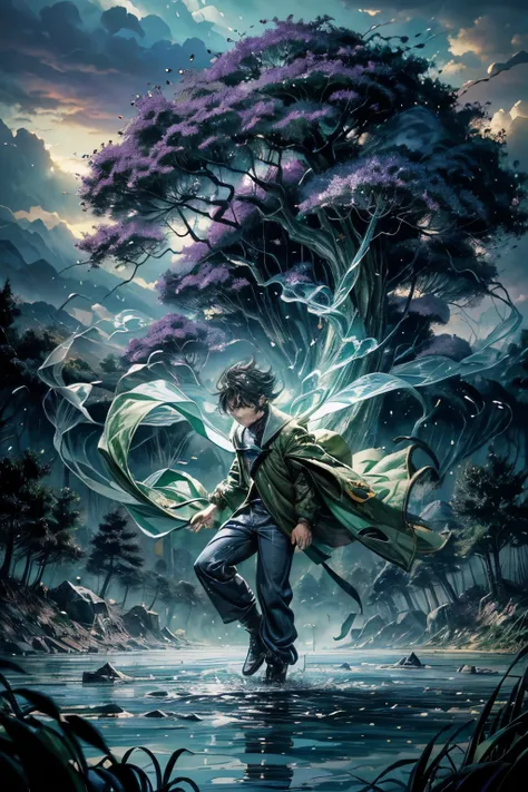 crazy and fantastic image ... male character, 10-year-old boy, intriguing ans smart look (inocent yes), flowing black hair, (a little crazy, disorganized) blue and green pants. floating among the trees, purple smoke like a whirlwind instead of legs . Scene...