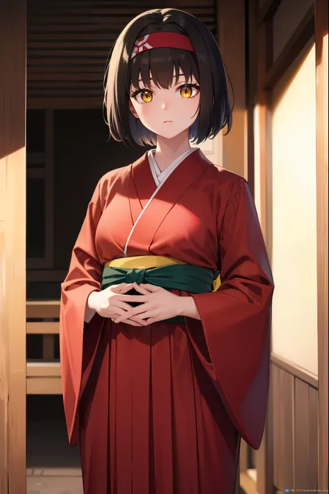 pokemonerika, pokemonerika, (yellow eyes:1.5), black hair, headband, short hair,
BREAK japanese clothes, kimono, hakama, red hakama, long sleeves, wide sleeves,
BREAK looking at viewer, upper body, full body, (cowboy shot:1.5),
BREAK outdoors, shrine,
BREA...