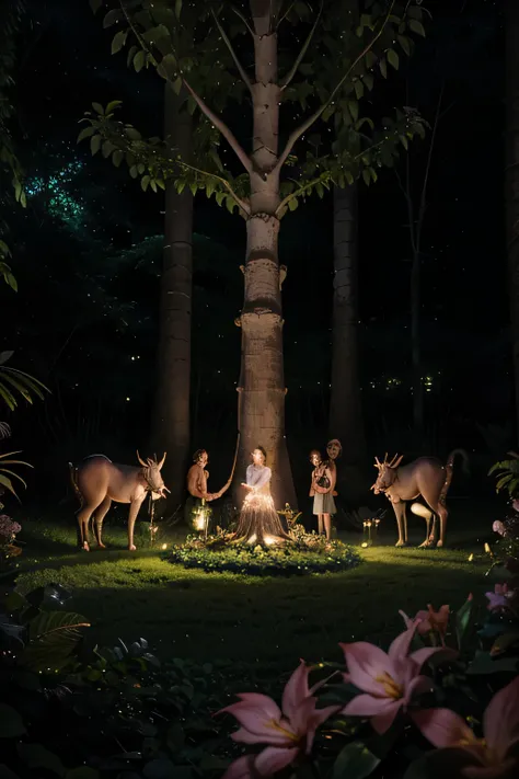 A complex and impressive display of elves, and magical creatures with glowing pastel lights, delicately wrapped around trees in the jungle, There are vibrant colors all around in the flowers, night time, luar ambiente, estilo fantasia, magical creatures 