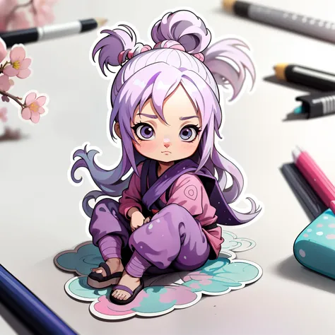 1 pegatina，Efecto dibujado a mano，(La chica de Naruto，artista ninja，Top MORADO，fresco y fresco，sakura)，fondo blanco，Backgound simple，minimalista，adorable，Little，color pastel，estilo vectorial，No se utilizan degradados。