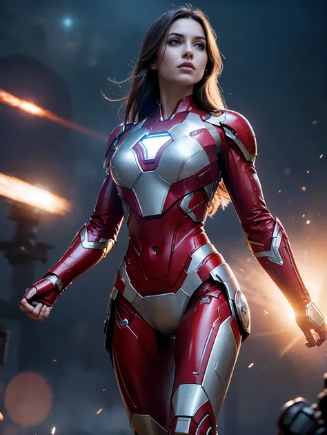 Scene from Movie, an ultra hot gorgeous European woman in iron man armor, age 23, full body shot, sexy action pose, Distorted Space, Distorted Undead in the Background, Lens Flares, Light Shafts, Intricate Details, High Detailed, Volumetric Lighting, 4k Re...