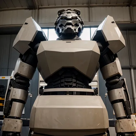 a large transformer robot with gray beige armor, black inserts, looks like a mixture of a horse and a lion