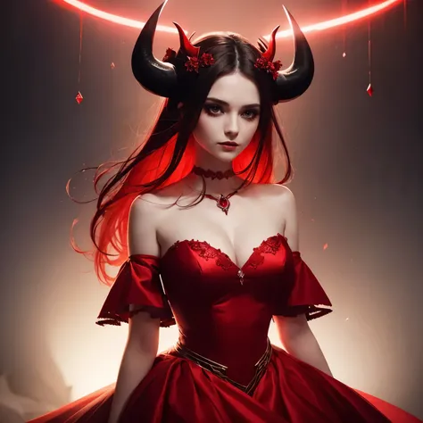 woman in red dress and has horns, luminous, dark romantic illustrations, sombre, gemstone, airbrush art, bold palette 