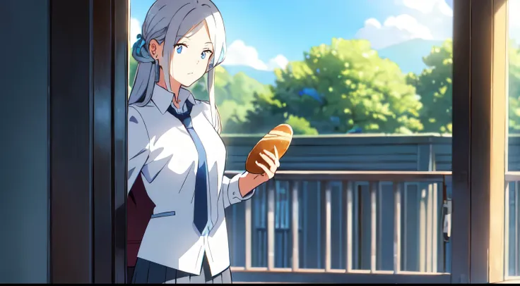 masterpiece, best quality, 1girl, solo, long whitehair, blue flower hairpin, earrings, light blue eyes, white shirt, grey necktie, pocket on chest, look at viewer, hugging bunch of snacks, eating bread, school, blue sky