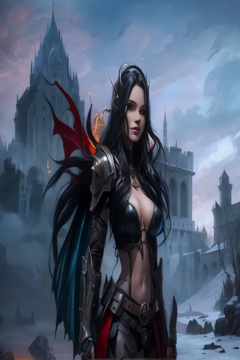 arafed woman in armor standing in front of a castle, 4k fantasy art, dark fantasy style art, gothic fantasy art, fantasy woman, high quality fantasy art, fantasy paladin woman, hd fantasy art, artgerm julie bell beeple, epic fantasy art style hd, tyler edl...