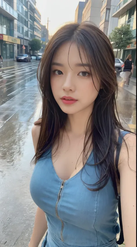 ((best quality, 8k, masterpiece:1.3)), focus: 1.2, perfect body beautiful: 1.4, buttocks: 1.2, ((layered hairstyle, : 1.2)), (wet clothes: 1.1) , (rain, street:1.3), tube top dress: 1.1, Highly detailed facial and skin textures, exquisite eyes, double eyel...