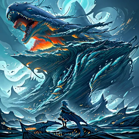 a woman standing on a boat with a giant fish in the background, great leviathan, underwater leviathan, leviathan, underwater sea monster, sea monster looks like ship, ocean giant creature bloop, epic fantasy sci fi illustration, 4k highly detailed digital ...