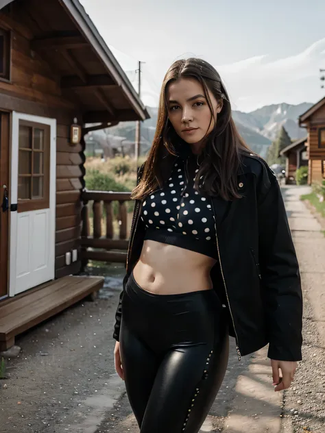 girl, 20 jahre alt, lange rote haare, sommersprossen, wearing black leggings in front of a cabin leggings blog the girl in polka...