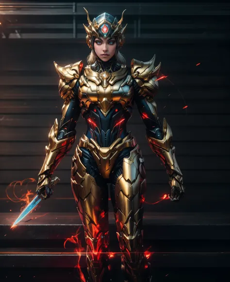 A woman adorned in fantasy-style full-body armor, a crown-concept fully enclosed helmet that unveils only her eyes, a composite layered chest plate, fully encompassing shoulder and hand guards, a lightweight waist armor, form-fitting shin guards, the overa...