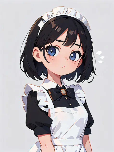 1 girl, upper body, big face, black hair, white dress, white apron, black bow, simple background