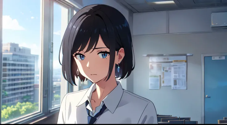 masterpiece, best quality, 1girl, solo, short black hair, earrings, blue eyes, white shirt, gray necktie, pocket on chest, calm, look at windows, school classroom, blue sky