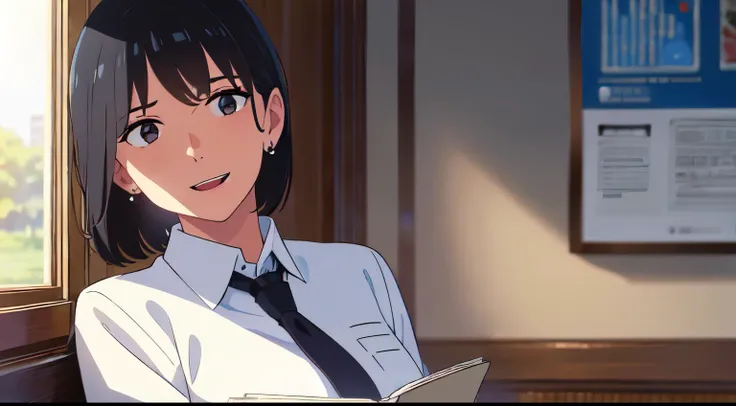 masterpiece, best quality, 1girl, solo, short black hair, earrings, black eyes, white shirt, gray necktie, pocket on chest, reading comic, laughing when read, school background, blue sky