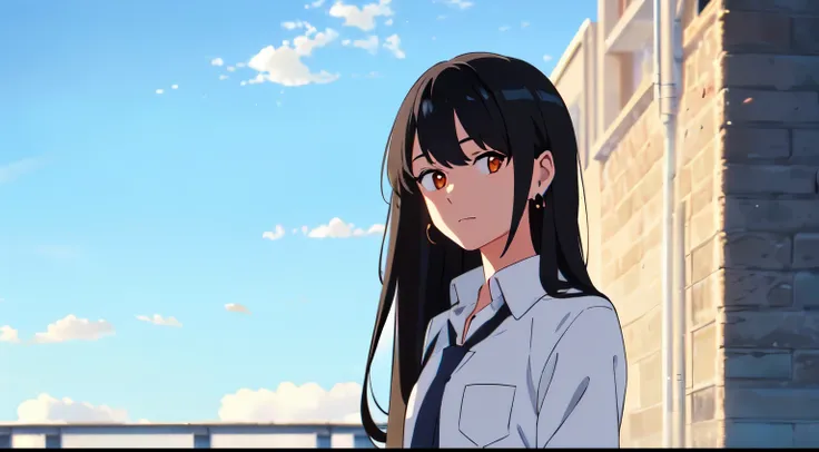 masterpiece, best quality, 1girl, solo, long black hair, earrings, orange eyes, white shirt, gray necktie, pocket on chest, look at viewer, calm, school, blue sky