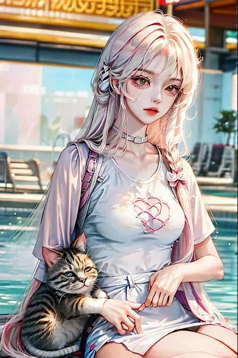 girl with long hair, anime style, sitting at a Pool, next to a cat, playing guitar