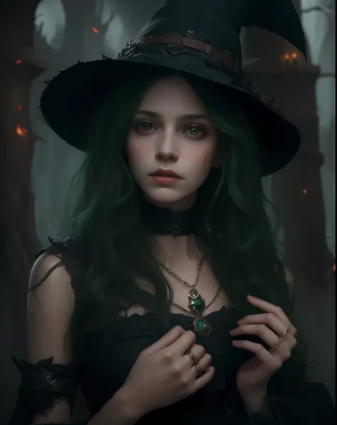 bruja con cabello verde y sombrero negro sosteniendo un collar verde, Retrato de una joven bruja, Retrato de una joven bruja girl, dark fantasy style art, Retrato de una bruja oscura, Retrato de una bruja, Retrato de una hechicera, fantasy art style, Dark ...