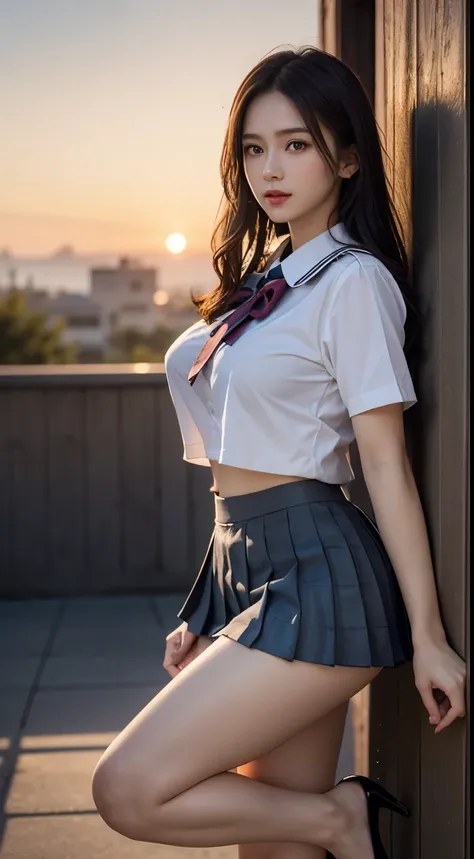 (highest quality:1.4), (hyper quality), (Super detailedな), 1 beautiful girl, Super cute, Averting your gaze, Composition seen from the side, wonderful face and eyes, (school uniform, pleated mini skirt:1.5), (very big breasts:1.1), (slender body:1.1), (thi...