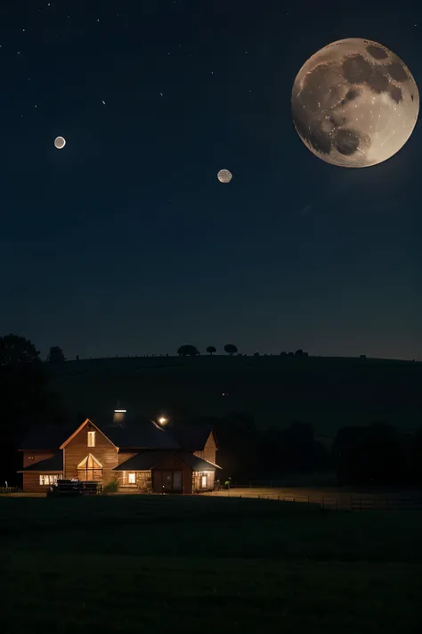 realistic farm at night when the moon