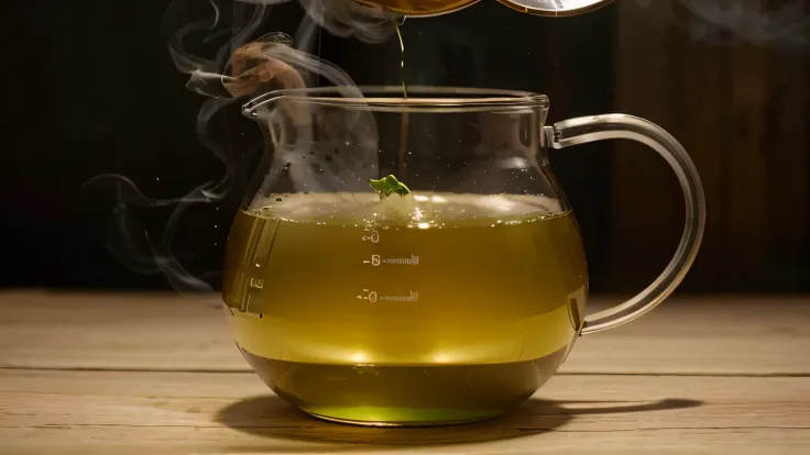 QUERO UMA FOTO COM UM FUNDO VERDE, A GLASS KETTLE WITH CHAMOMILE TEA PUTTING SMOKE INTO A CUP COMING OUT. 