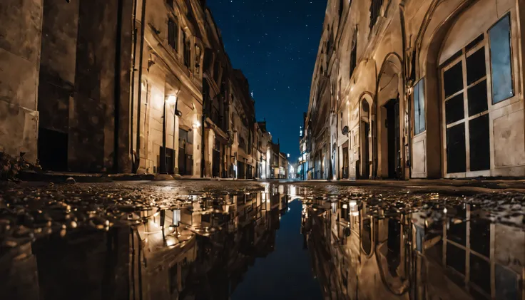 a street in the middle of a building, there is a puddle of water that reflects the shadow of the surrounding buildings at night with a sky full of stars