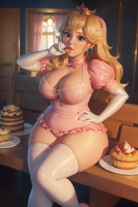 masterpiece, (photorealistic), (8k wallpaper) , (best quality), perfect quality, solo, (detailed eyes:0.9), girl, blonde hair, princess Peach, very beautiful, face : ( very beautiful face, perfect face, eating cake, cute face, round face, young ) , figure:...