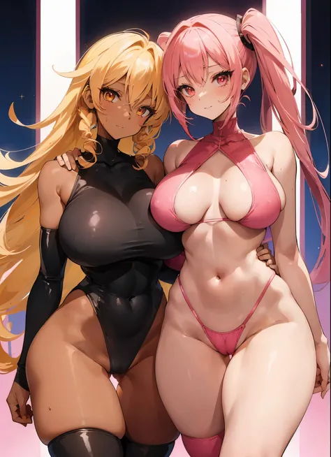 masterpiece, best quality, finely detailed, high resolution, 2 girl, 2 girls standing next to each other,  the first female has ((hair, snout)), lips, big ass, eyelashes, standing up, happy, eyeliner, big breasts, cleavage, cameltoe, pink eyes, sexy, long ...