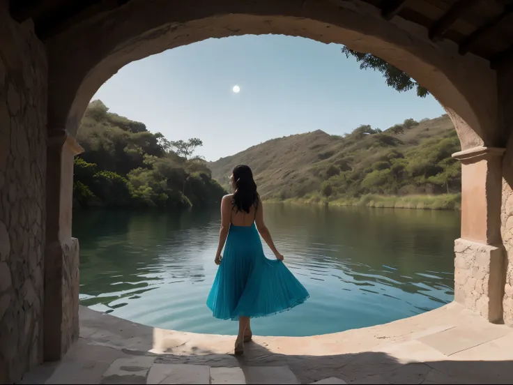 ((Mejor calidad)), ((obra maestra)), (detallado), mujer saliendo de un lago azul profundo, vestida de blaco dando la espalda, luna enorme roja, 