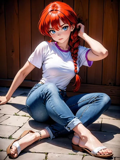 Garota anime ruiva com bermuda jeans azul e blusa purple roxa, 16 anos, agachada, sentada com pernas cruzadas, corpo bonito, seios grandes, with your hands behind your head, running your hands through your hair, garota sexy, red hair with braid, gorgeous l...