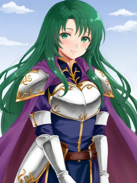 cecilia fe, 1girl, solo, looking at viewer, blush, smile, gloves, dress, closed mouth, elbow gloves, shiny, belt, white gloves, cape, armor, shiny hair, shoulder armor, breastplate, armored dress, purple cape, white armor