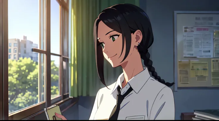 masterpiece, best quality, 1lady, solo, long braids on the side, black hair, parted hair, earrings, green eyes, white shirt, grey necktie, medium bust, pocket on chest, smiling, holding book, school