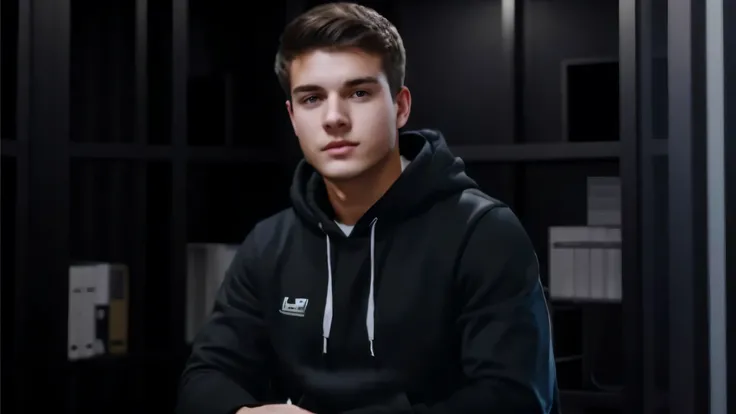 "A 21-year-old college student wearing a stylish black hoodie, branco caucasiano , with a recording studio office as a backdrop . 8k, ultra realista , Looking at the camera, vista frontal, cara branco, vista frontal, Cabelo preto, fundo cinza escuro youtub...