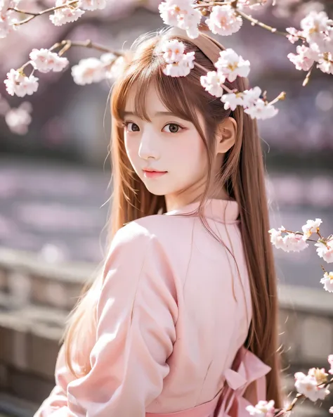 Japan Beautiful Girls　16 years old　big magic eyes　detailed beautiful eyes　peach blossom　light pink hair　Detailed straight long hair　natural makeup　Wearing light pink Han Chinese costume，Holding onto a cherry blossom branch，in the background, Cherry blossom...