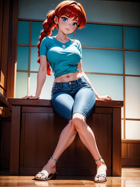 Garota anime ruiva com bermuda jeans azul e blusa purple roxa, 16 anos, agachada, sentada com pernas cruzadas, corpo bonito, seios grandes, with your hands behind your head, running your hands through your hair, garota sexy, red hair with braid, gorgeous l...