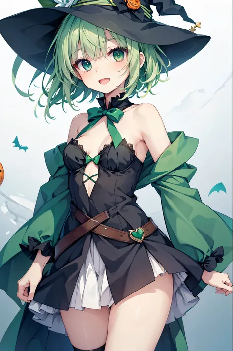 ,small breasts,smile with open mouth,short green hair,halloween costumes,witch,simple background ,hair ornaments,heterochromia,b...