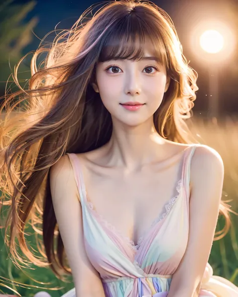 beautiful japanese girl　1７Year　big magic eyes　detailed beautiful eyes　beautiful rainbow hair　Long hair with messy details　asymmetrical bangs　pale pink lip　bright makeup　smooth soft skin　gentle smile　white dress　Detailed and perfect clavicle　beautiful high ...