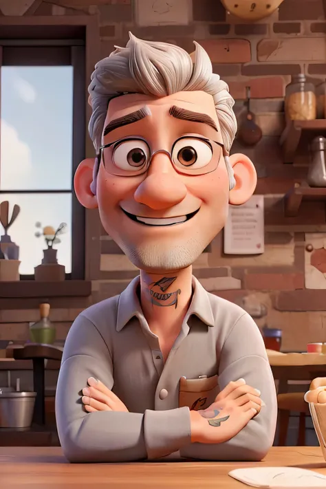 Arte 3D estilo Pixar com um jovem Pizzaiolo, 35 anos de idade, com cabelos grisalhos penteados para o lado, sem brincos, com barba curta e sem bigode, tattooed arm up to the wrist, com uma imagem borrada de uma cozinha de pizzaria ao fundo, with a notepad ...