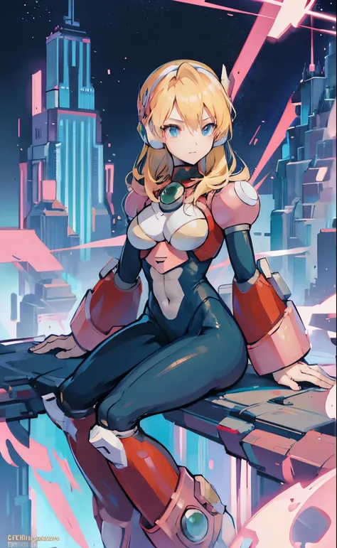 alia_megamanx sitting on the border of the top of a building tokyo - bak cyberpunk city at the background, ssci - fi, fantasy, i...