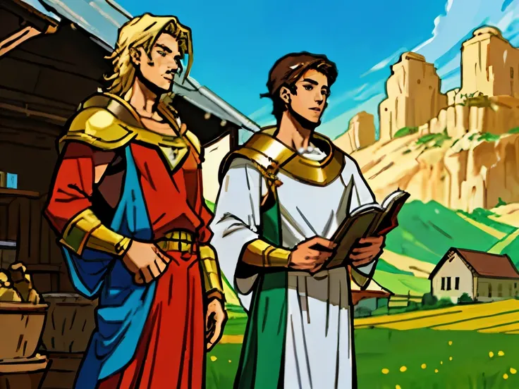 There are two men standing with a book in their hand. In the background there is a farm and many people. biblical costumes. biblical setting. biblical style. Estilo anime. Marvel comic book style.