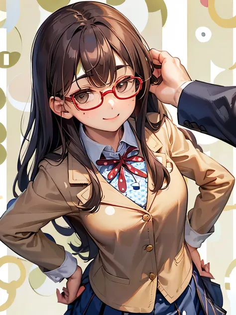 girl,Fashionable glasses,(long curly light brown hair),((BREAK)),(Navy blazer type school uniform:1.3),(plaid pleated skirt:1.2),((BREAK)),(red ribbon on the chest:1.3),((Staring at me with a proud smile),((Bend forward with your hands on your hips)),((BRE...