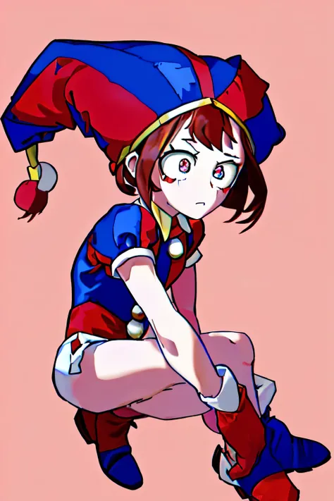 Pomni, 1girl, ((red and blue jester outfit)), red and blue jester cap, puffy short sleeves, ((red and blue gloves)), buttons, colored skin, ((symbol-shaped pupils, red and blue eyes)), ((red and blue shoes)), blush stickers, brown hair, bob cut, blunt bang...