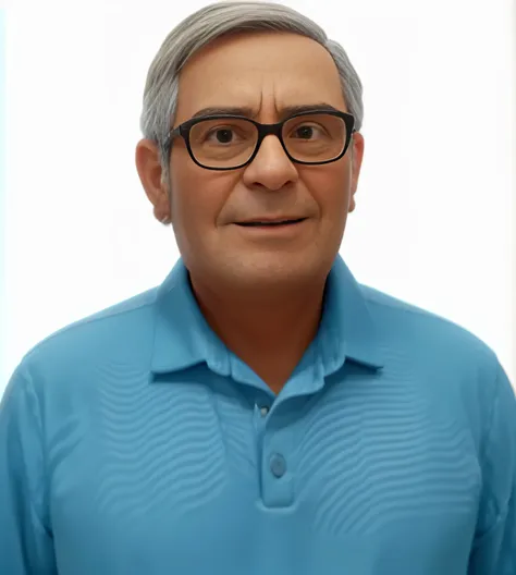 imagem 3d Pixar-style, retrato, com visual clean, fundo azul claro, homem 70 anos, bronzeado, rosto largo arredondado, queixo pequeno, sem barba, with black square glasses, olho esquerdo levemente fechado, grisalho lisos, repartidos para direita,  expressi...