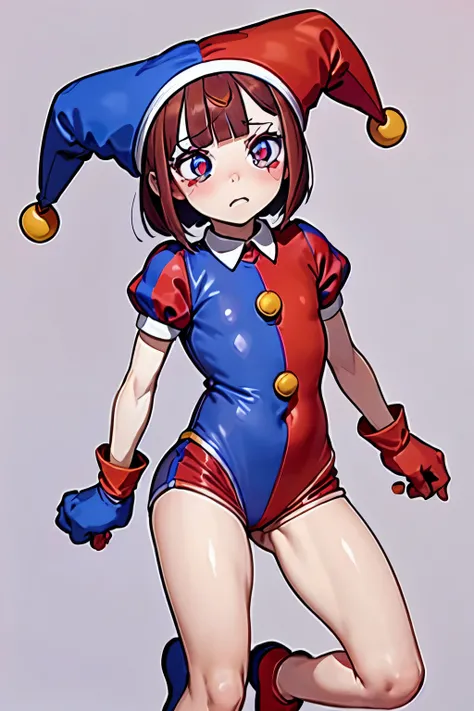 Pomni, 1girl, ((red and blue jester outfit)), red and blue jester cap, puffy short sleeves, ((red and blue gloves)), buttons, colored skin, ((symbol-shaped pupils, red and blue eyes)), ((red and blue shoes)), blush stickers, brown hair, bob cut, blunt bang...