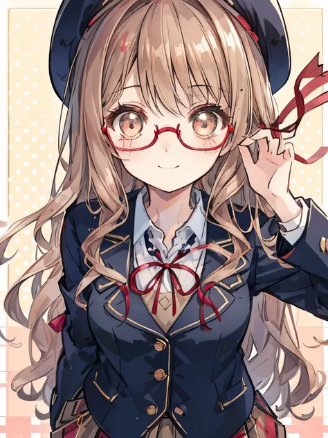 girl,Fashionable glasses,(long curly light brown hair),((BREAK)),(Navy blazer type school uniform:1.3),(plaid pleated skirt:1.2),((BREAK)),(red ribbon on the chest:1.3),((Staring at me with a slightly open smile)),(cute pose),((BREAK)),(((polka dot backgro...