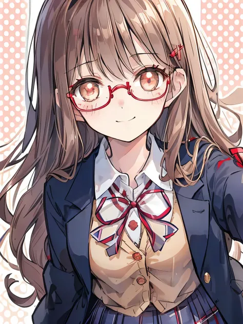 girl,Fashionable glasses,(long curly light brown hair),((BREAK)),(Navy blazer type school uniform:1.3),(plaid pleated skirt:1.2),((BREAK)),(red ribbon on the chest:1.3),((Staring at me with a slightly open smile)),(cute pose),((BREAK)),(((polka dot backgro...